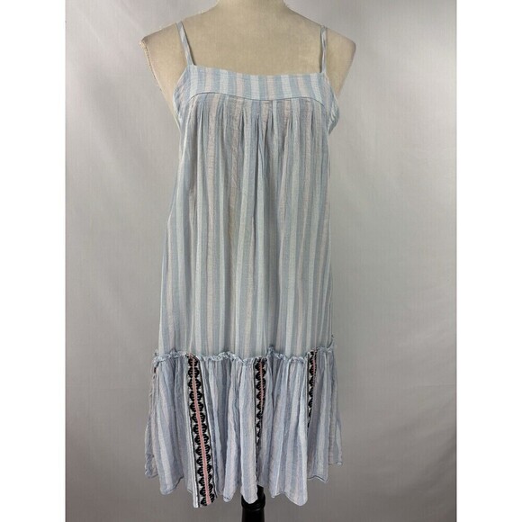 Lemlem Sundress Dress White Blue Stripe Large Ruffle Raw Hem Low Back - Picture 8 of 8